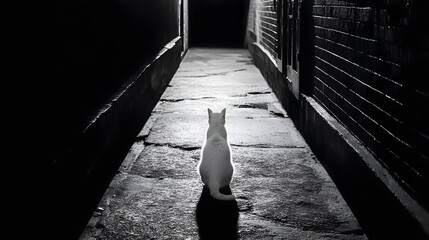 Lonely white cat walking through dark urban alley at night with dramatic cinematic lighting