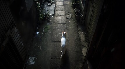 Lonely white cat walking through dark urban alley at night with dramatic cinematic lighting