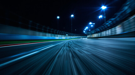 Night illuminated racing track asphalt surface turn on motion blur