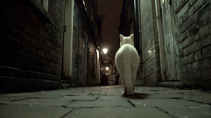 Lonely white cat walking through dark urban alley at night with dramatic cinematic lighting