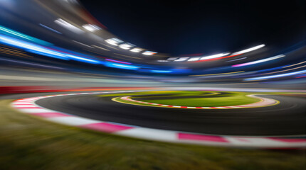 Night illuminated racing track asphalt surface turn on motion blur