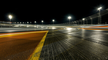 Night illuminated racing track asphalt surface turn on motion blur