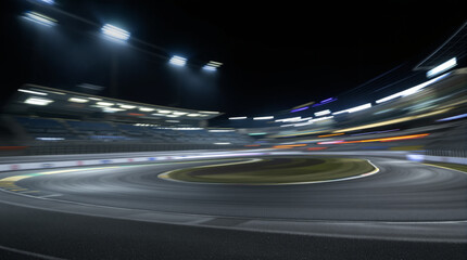 Night illuminated racing track asphalt surface turn on motion blur