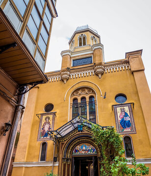 Courtyard of Orthodox Holy Assumption Church in Old Town of Brasov city, Romania