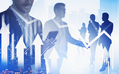 Business people interacting with digital charts overlay, creative double exposure style, cityscape background, concept of financial growth and teamwork