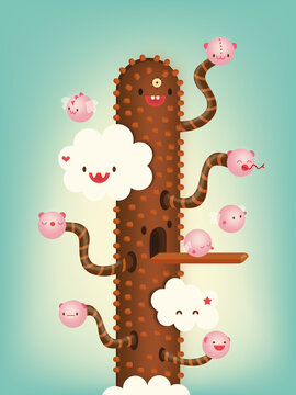 Magic Imaginary World of Cute Surreal Cactus Plant with Happy Face with Clouds and Fun Characters Flying in the Sky. 3d Style Illustration