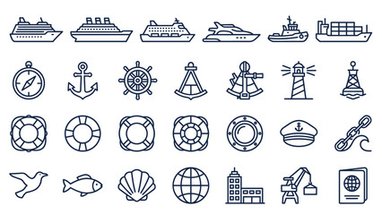 Fototapeta premium Maritime nautical line icons vector set. Cruise ship, yacht, cargo vessel, ferry. Ocean travel transport. Anchor, lighthouse, compass. Minimalist outline design collection.