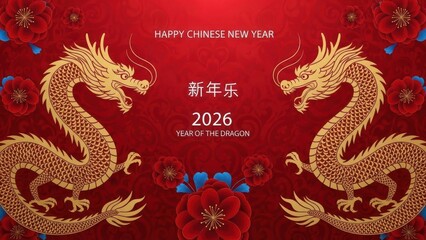 Obraz premium Symmetrical golden dragons with red flowers for 2026 Chinese New Year