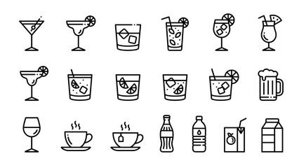 Vector set of beverage and cocktail line icons. Minimalistic symbols. Alcohol signs. Bar menu. Coffee, tea, beer, wine, juice, soda. Restaurant design. Outline illustration collection.