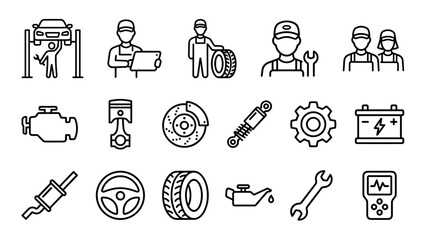 Car service line icons set. Auto mechanic repair parts. Garage workshop equipment. Automobile maintenance. Automotive industry. Vehicle inspection engine oil brake tire battery