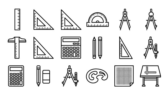 Mathematics geometry tools line icons set. Education symbols. Engineering drafting equipment. Ruler compass protractor calculator. School supplies measurement. Linear design style.