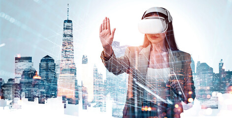 Woman in VR headset interacting with digital interface, creative double exposure style, over modern city skyline background, concept of innovation