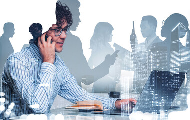 Businessman using laptop and phone, with silhouettes of coworkers and skyscrapers overlayed, on a white background. Concept of teamwork and communication