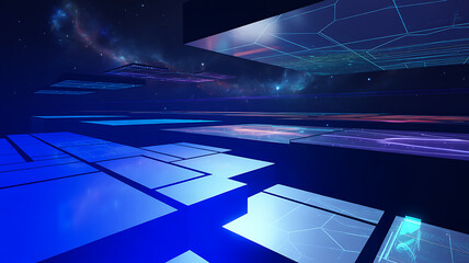 Abstract digital space background featuring glowing blue neon panels and floating glass platforms in deep space environment with stars and nebula clouds creating futuristic cyberspace architecture