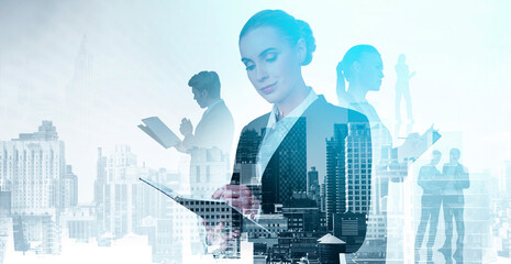 Business professionals using digital devices, creative double exposure style, modern city background, concept of teamwork and innovation in business
