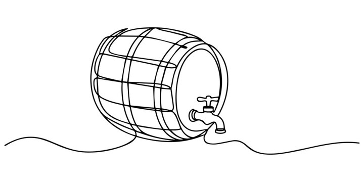 A continuous line drawing of a wooden barrel with a spigot on a stand on white background, Continuous line drawing wooden oak beer barrel with a tap icon vector illustration concept, Hand drawn wooden