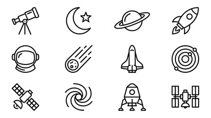 Astronomy and space exploration line icons set. Minimalist vector collection with rocket, astronaut helmet, planet, satellite, telescope, moon, galaxy, meteor, and space capsule. Uniform stroke width.