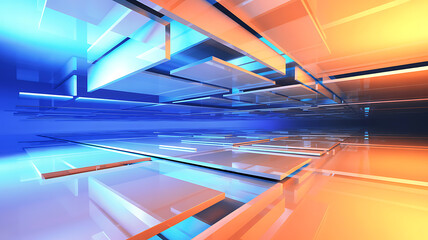 Futuristic orange and blue glass panels interlocking in complex geometric perspective creating bright technological room with reflective surfaces and glowing lights for science fiction environment
