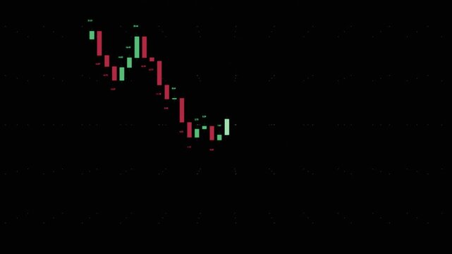 Stock market chart with vibrant candlesticks on black background. 3D scene with depth of field. Green and red candles trends between -10 and 25.