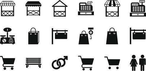 Marketplace and Retail Shopping Icon Set with Storefronts, Cash Registers, Bags, Carts and Trade Symbols Vector Illustration
