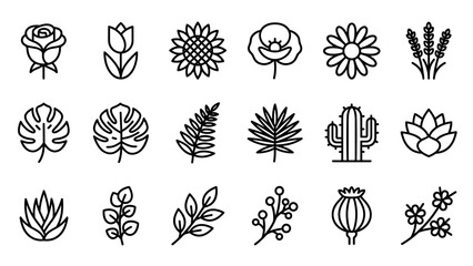 Minimalist floral and botanical line icons set with flowers, leaves, cactus, and plant symbols. Uniform stroke width vector collection for nature, gardening, and eco design illustrations.