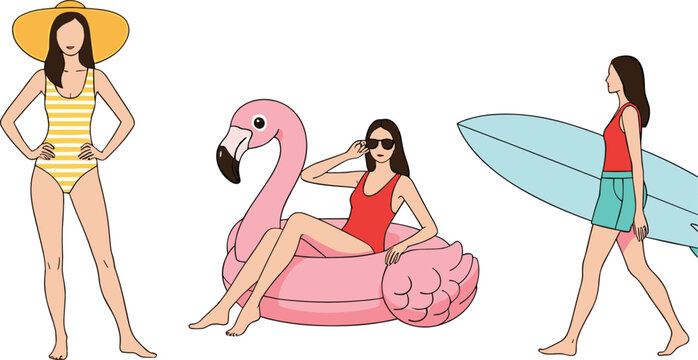 Summer beach women characters set with swimsuit flamingo float and surfboard flat vector illustration