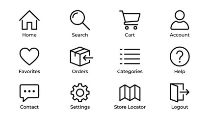 Online store navigation line icons set. Minimalist e-commerce interface symbols. Mobile app menu UI elements. Shopping cart, user account, search, favorites. Web retail graphics.