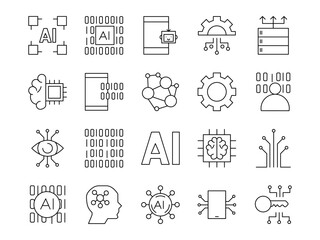 Artificial intelligence set of web icons in line style.  Editable stroke. Vector illustration