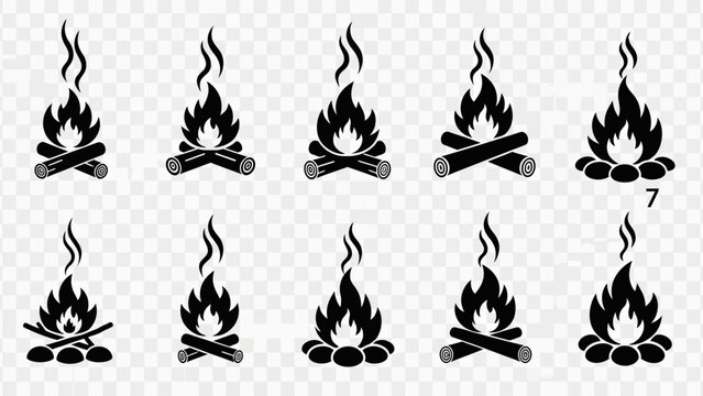 Campfire silhouette collection with smoke and stone border