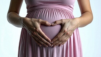 A pregnant woman cradling her belly with hands forming a heart shape, close-up, serene atmosphere
