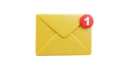 New Email Notification Icon. Yellow Envelope with Red Alert for One Unread Message. Digital Communication, Inbox Update, Online Mail, Isolated on White Background, PNG