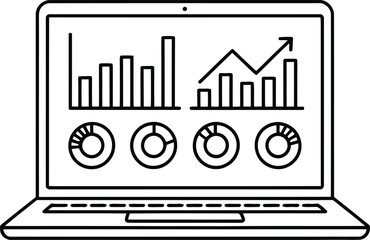 A clear outline image of a laptop screen featuring multiple statistical data displays