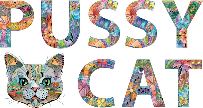 Word PUSSYCAT. Vector zentangle object for decoration