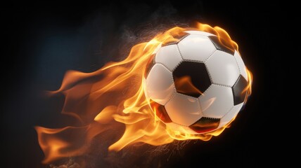 Naklejka premium Flaming soccer ball flying through dark background with intense fire