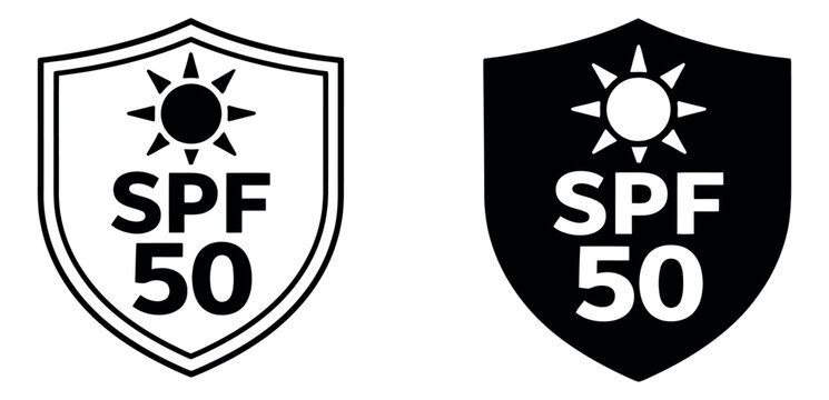 Minimalist protection icon set featuring SPF 50 shields in outline and solid styles for sun protection products and summer safety