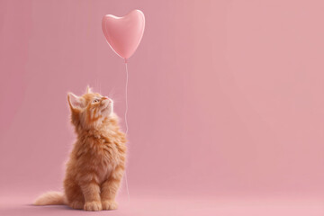 Adorable ginger kitten looking up and reaching for a floating pink heart-shaped balloon. Sweet Valentine's Day concept with a fluffy pet in a minimalist studio setting.
