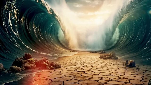 Depiction of a vast ocean miraculously split in two, revealing a dry seabed path beneath golden light. Towering waves rise on both sides, evoking the biblical story of the Exodus and Red Sea