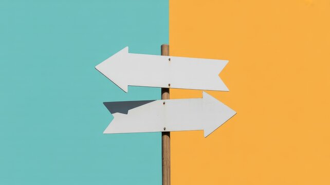 Two white arrows pointing in opposite directions on wooden signpost against split teal and orange background