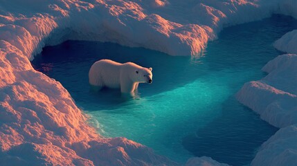 Polar Bear in Frozen Landscape with Vibrant Blue Water and Ice