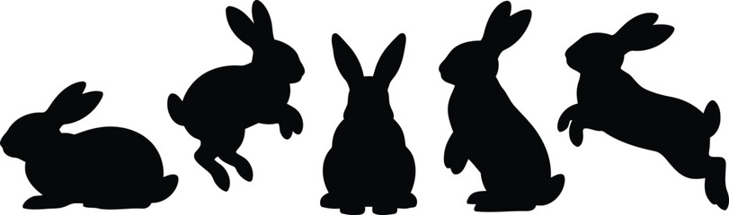 Obraz premium A collection of five distinct black rabbit silhouettes showcasing various dynamic poses on a clean white background