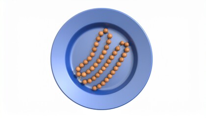 Serene Rosary or Prayer Beads on a Blue Plate Against a Clean White Background for Spiritual Reflection and Worship