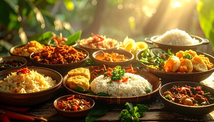 Obraz premium Assorted International Cuisine in Bowls Outdoors.