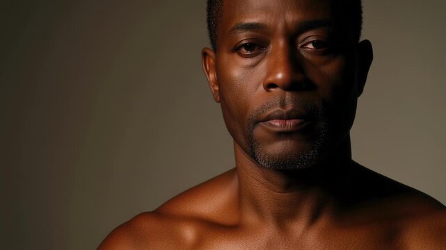 Confident Liberian man's close-up studio portrait, sharp focus, exuding a powerful, engaging presence in high-definition 4K video footage.