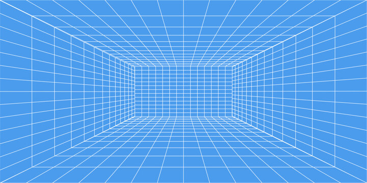 3d wireframe grid room. 3d perspective laser grid 16 9.. Cyberspace blue background with white mesh. Futuristic digital hallway space in virtual reality. Vector illustration.