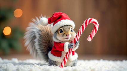 Cute squirrel dressed as Santa holding candy cane on snowy ground with warm festive lights