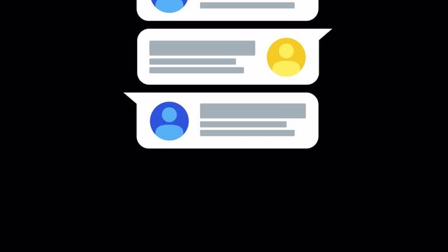 Chat conversation UI message bubbles animation showing people sending messages in modern mobile interface with transparent background, alpha channel, 4K resolution