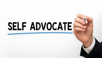 Businessman's hand precisely writing the empowering phrase self advocate with a blue line underneath on a clean white transparent background for business concepts.