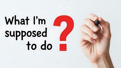 Hand holding a marker poised to write or draw a question mark symbolizing confusion doubt or seeking immediate important direction on a whiteboard