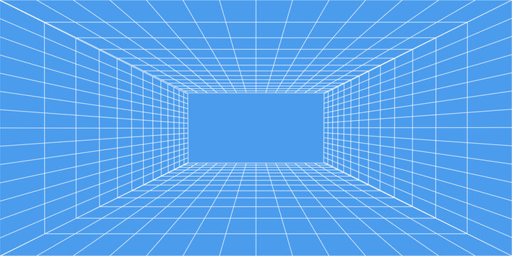 3d wireframe grid room. 3d perspective laser grid 16 9.. Cyberspace blue background with white mesh. Futuristic digital hallway space in virtual reality. Vector illustration.