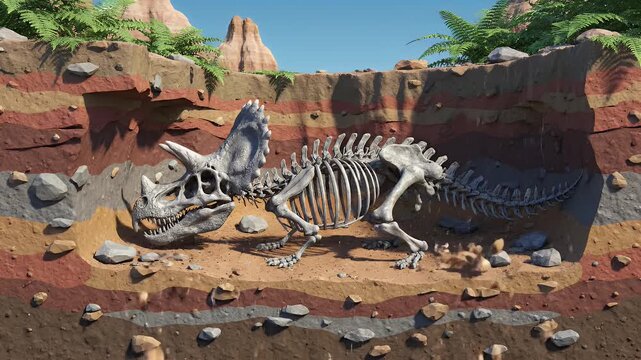 Animated Triceratops Fossil Formation Time Lapse with Mountains and Blue Sky Background Educational Visualization of